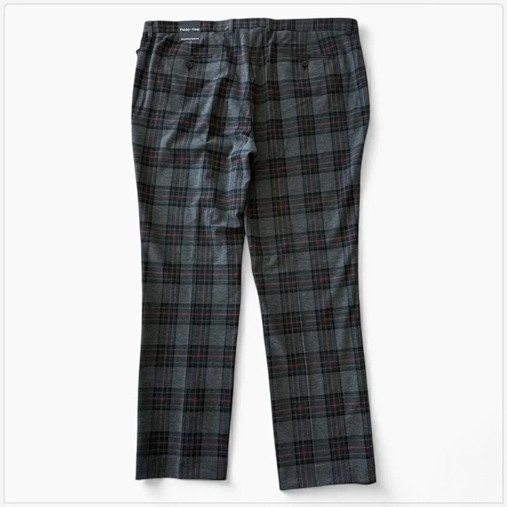 Paisley & Gray Downing Slim Stretch Tartan Plaid Charcoal Pants NWT New 42 x 32